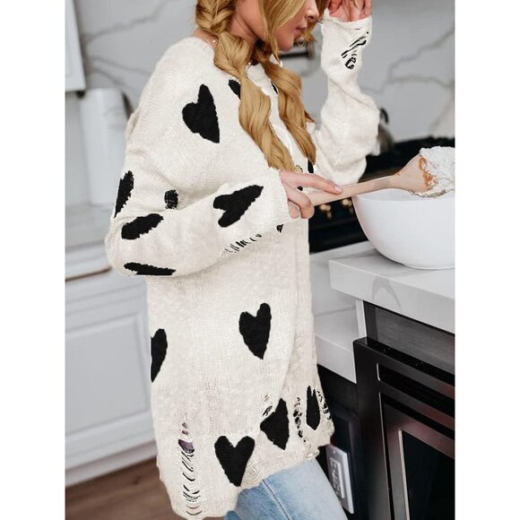 Womens Knit Sweater Heart Print Oversized Off Shoulder Casual Fall Winter - Picture 4 of 5